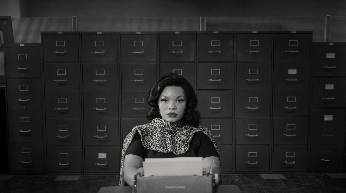 Josephine Martin seated at a typewriter in a 1957 office